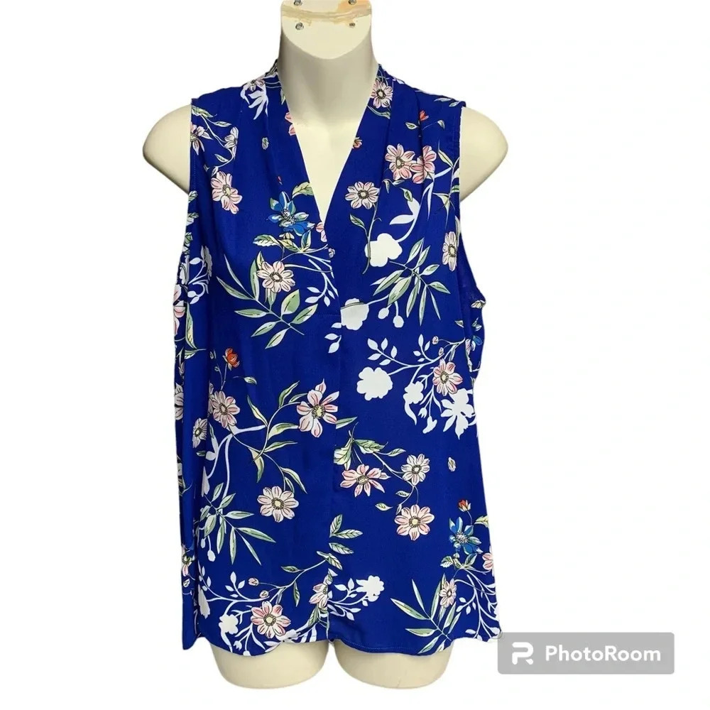 Katherine Barclay blue floral sleeveless top size Medium no stretch